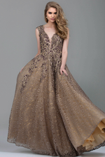 Jovani Taupe Embroidered Lace A-Line Evening Gown - Style IND0155877