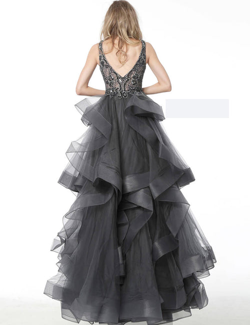 Jovani GunMetal Ruffle Overskirt Evening Gown - Style IND0159059