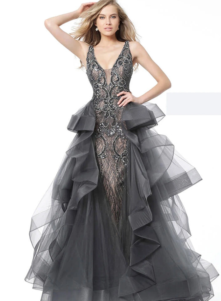 Jovani GunMetal Ruffle Overskirt Evening Gown - Style IND0159059