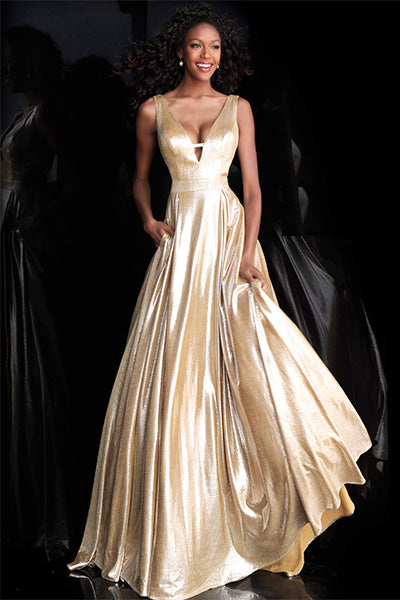 Jovani  Prom Gown with plunging neckline in Metallic Gold - Style IND0166900